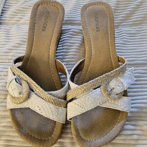 Maurices Tan and White Cross Strap Cork Wedge Sandals for Women Size 9